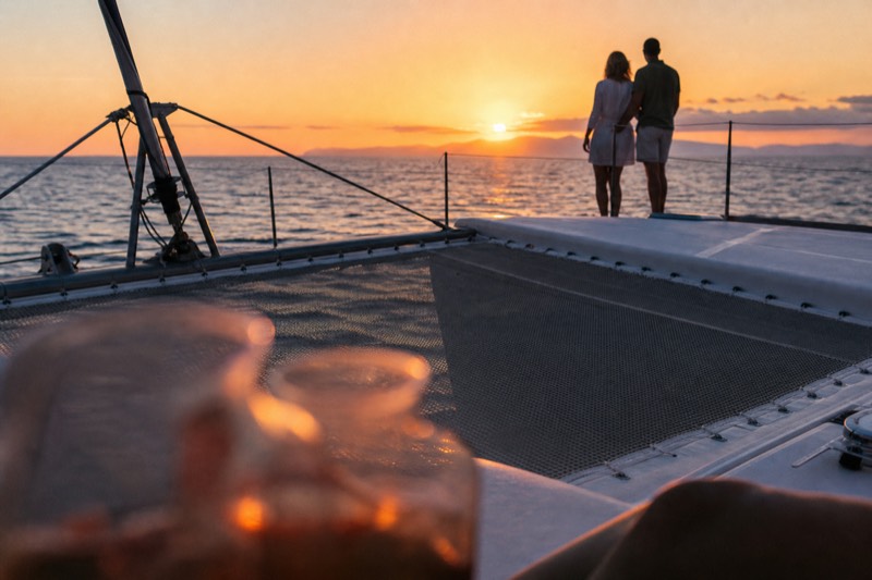 Sailing catamaran heeling gently at sunset off Key West with cocktail glasses in the foreground