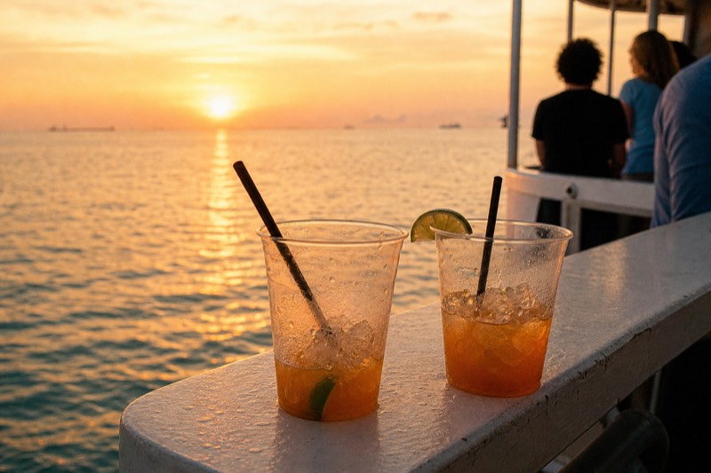 Drinks on a boat deck rail at golden hour with the sun low over the water off Key West