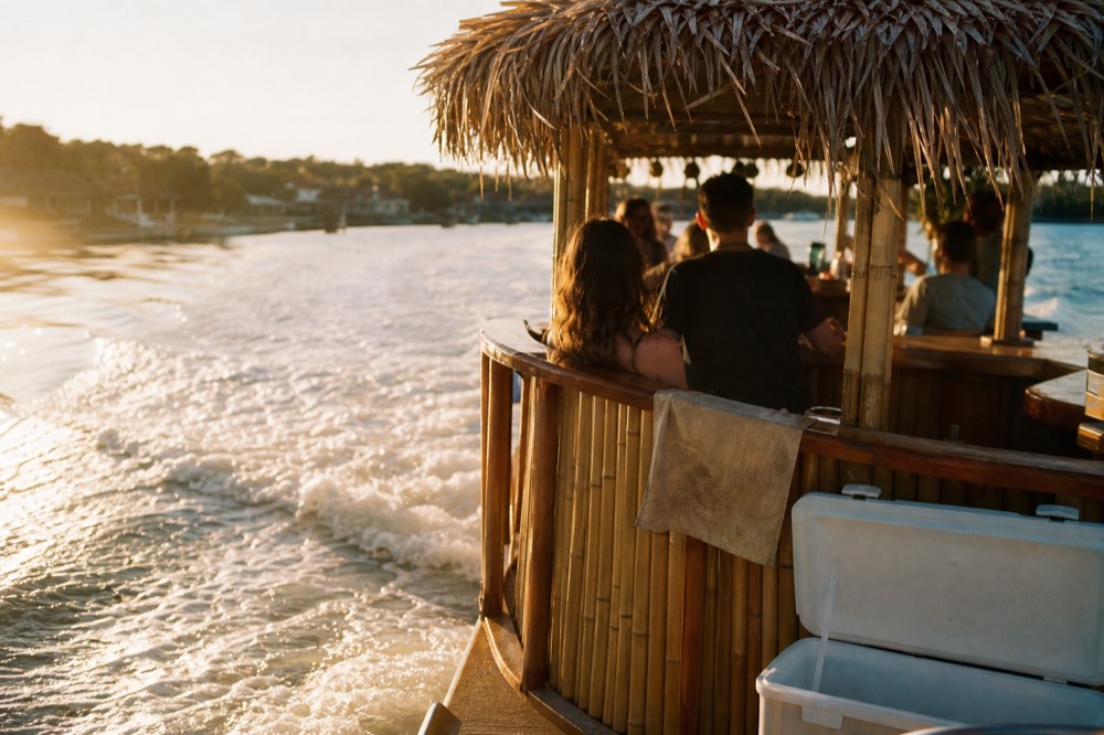 A small tiki boat with a thatched bar area moving through golden evening light on the water, no text, no logos, no people.