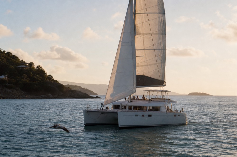 A catamaran under sail in warm evening light off Key West, no text, no logos, no people