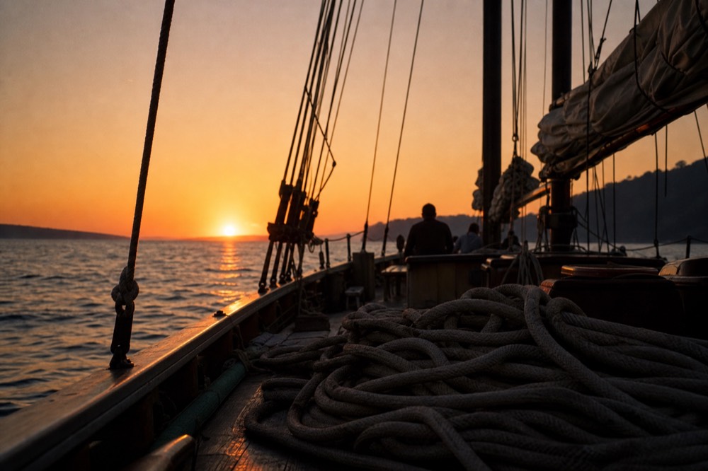 A wooden schooner with tall masts silhouetted against an orange sunset sky, no text, no logos, no people