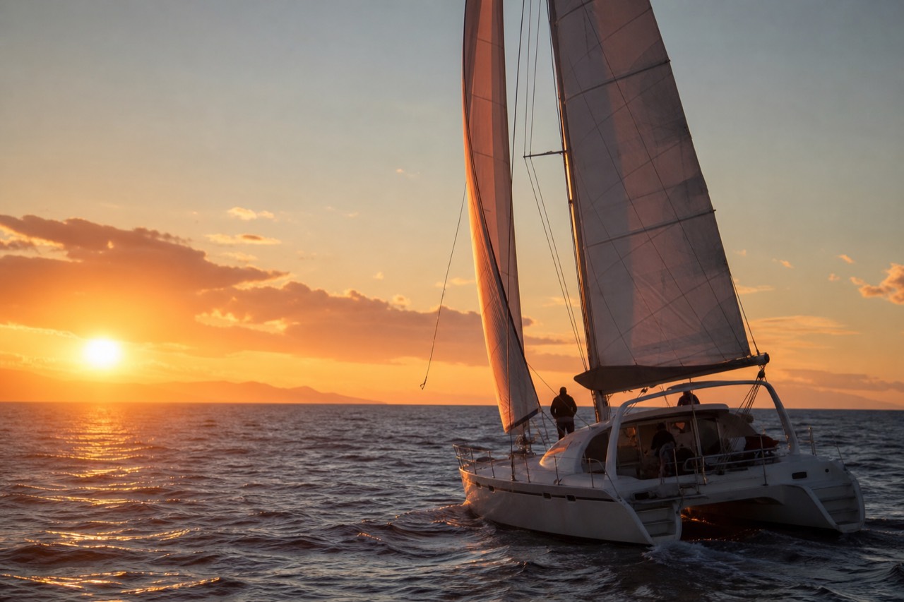 Catamaran under sail at sunset off Key West, no text, no logos, no people.