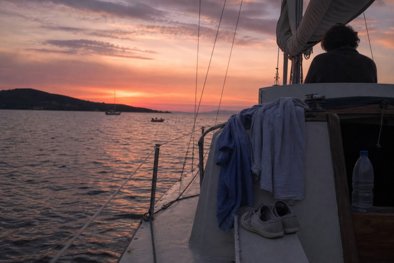 Passengers in light resort clothing on the deck of a sailboat at dusk, no text, no logos, no people