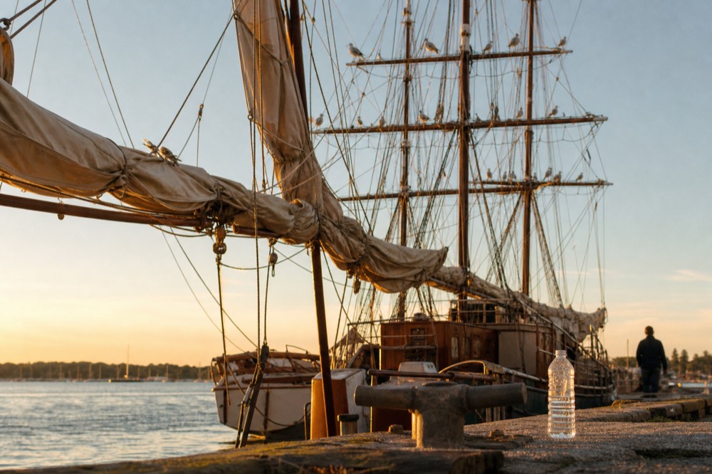 Masts and rigging of tall ships docked at a marina at golden hour, no text, no logos, no people