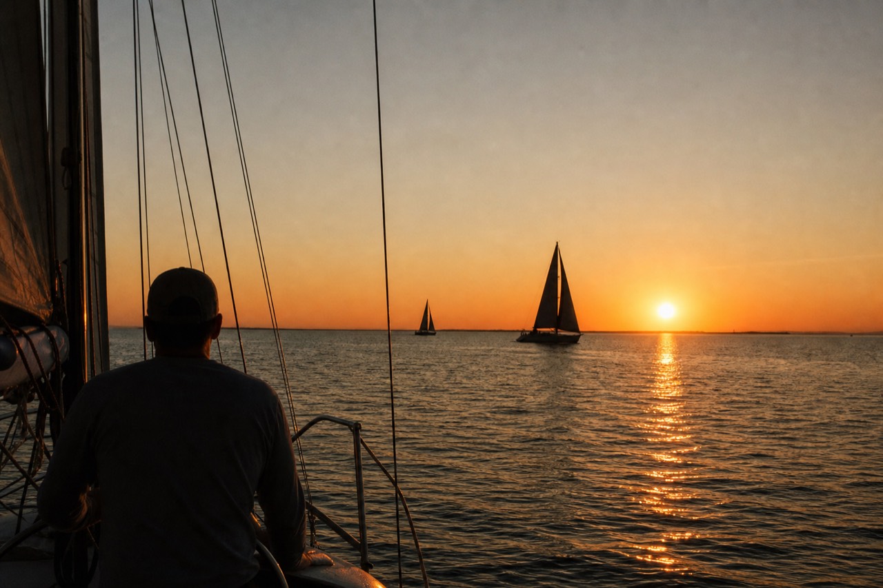 Sunset over the water at Key West with sailboats silhouetted against an orange sky, no text, no logos, no people