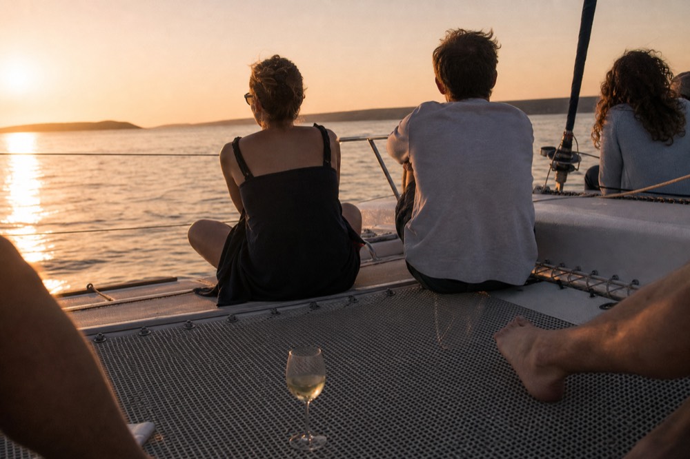Passengers seated along the wide deck of a catamaran watching the Key West sunset, no text, no logos, no people