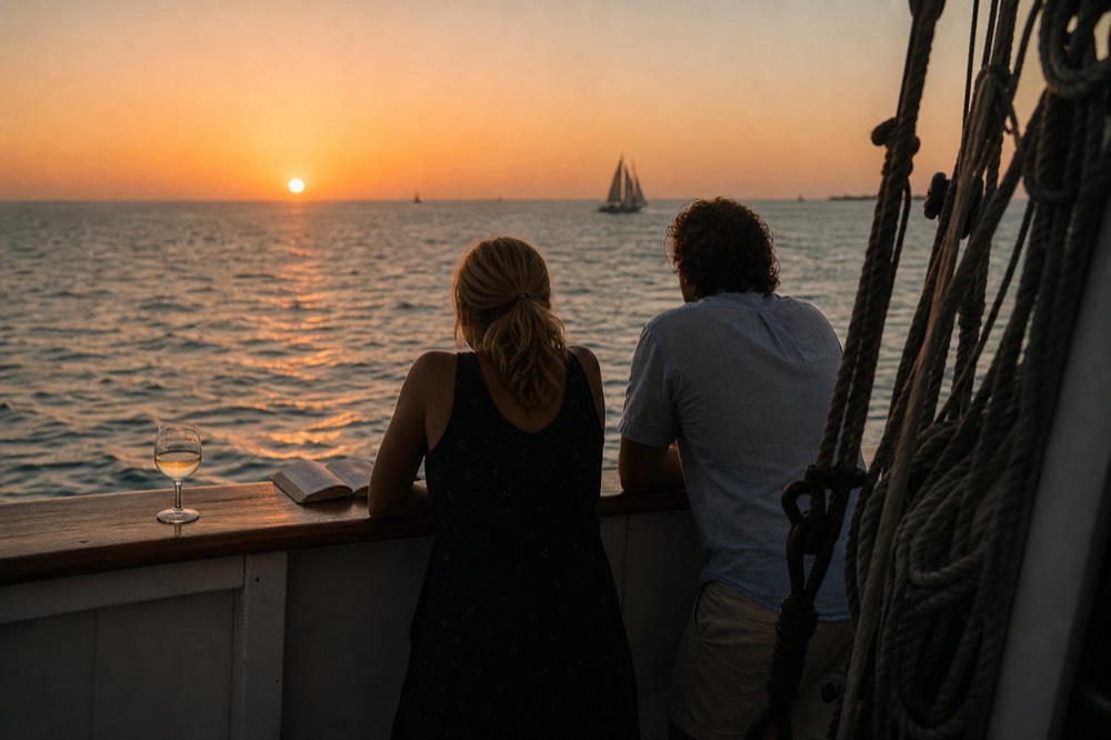 A couple at the rail of a schooner as the sun sets over the water off Key West, no text, no logos, no people