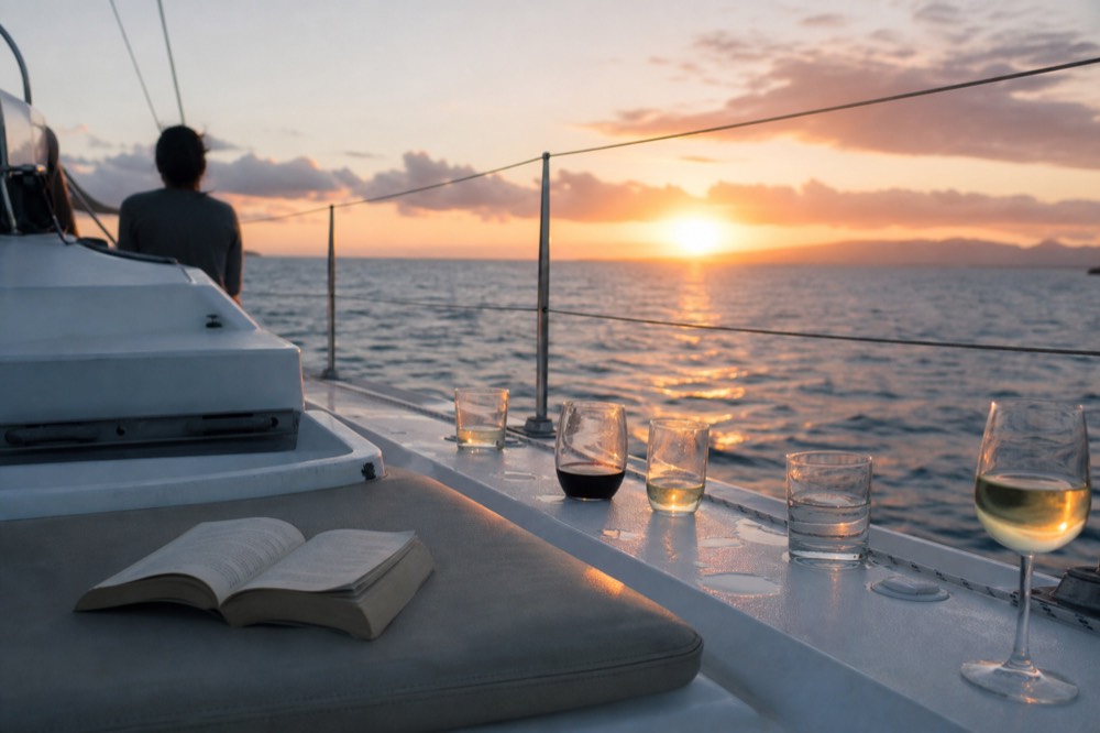 A catamaran deck at sunset with drink glasses on a rail, orange horizon, no text, no logos, no people