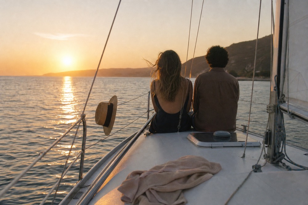 A couple seated near the bow of a small sailboat at golden hour, calm sea, no text, no logos, no people
