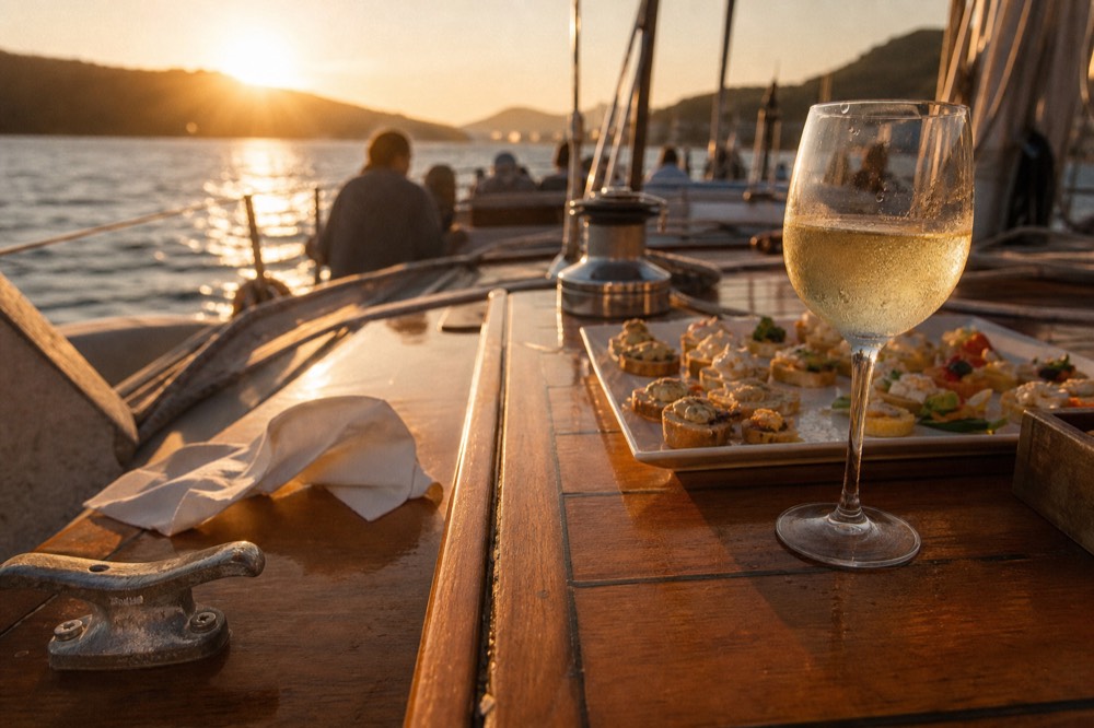 A drink and hors d'oeuvres tray on the deck of a sailboat at golden hour, no text, no logos, no people.