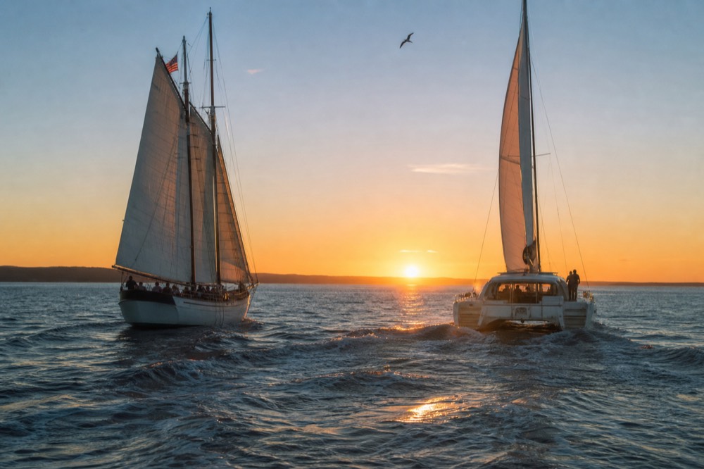 A schooner and a catamaran sailing side by side toward a glowing orange horizon, no text, no logos, no people.