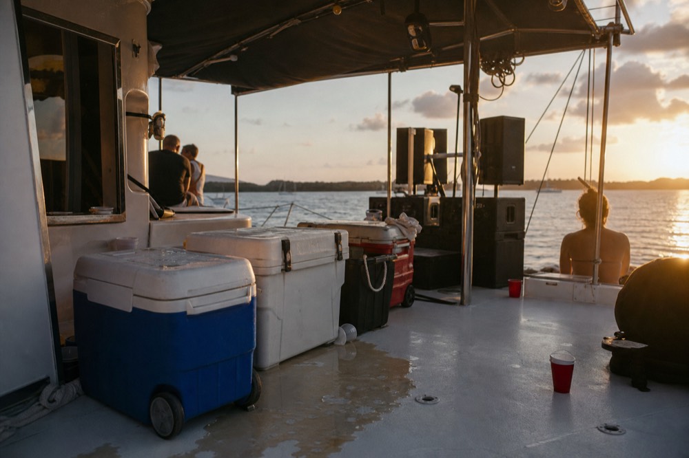 A catamaran deck at golden hour with coolers, cups and a sound system, no text, no logos, no people
