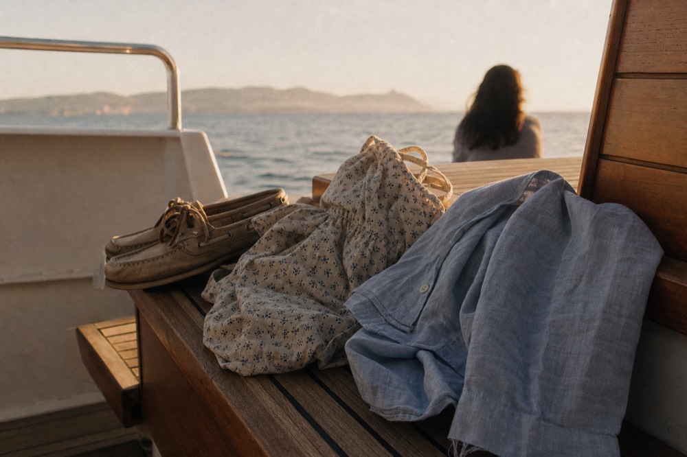 Folded smart-casual clothing and deck shoes on a boat bench at golden hour, no text, no logos, no people.