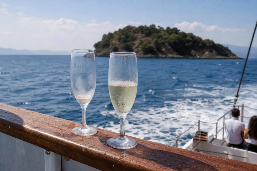 Two champagne glasses on a wooden boat rail with the sea behind, no text, no logos, no people